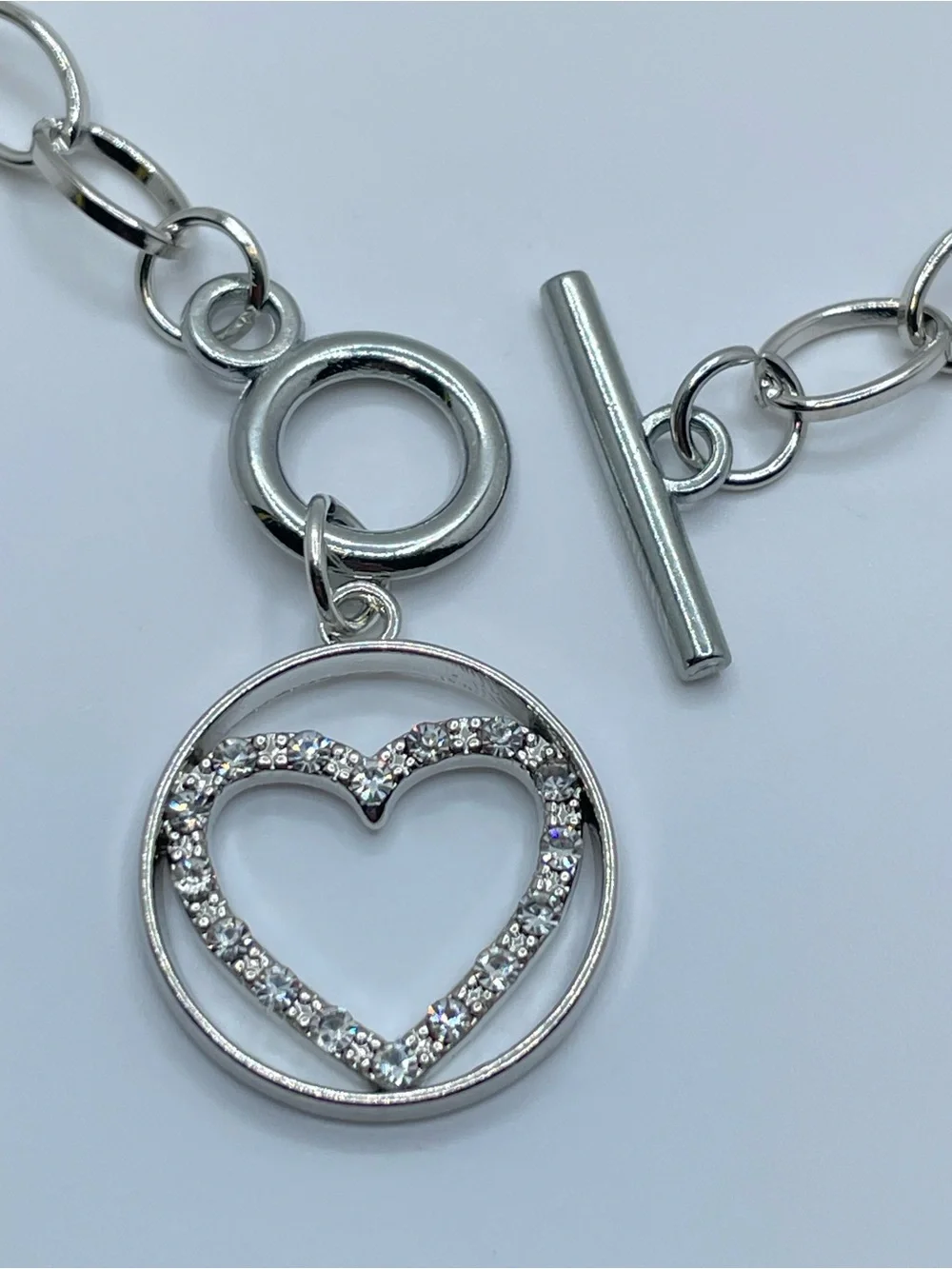 Silver Tone Crystal Heart Toggle Necklace Romantic Glam Statement